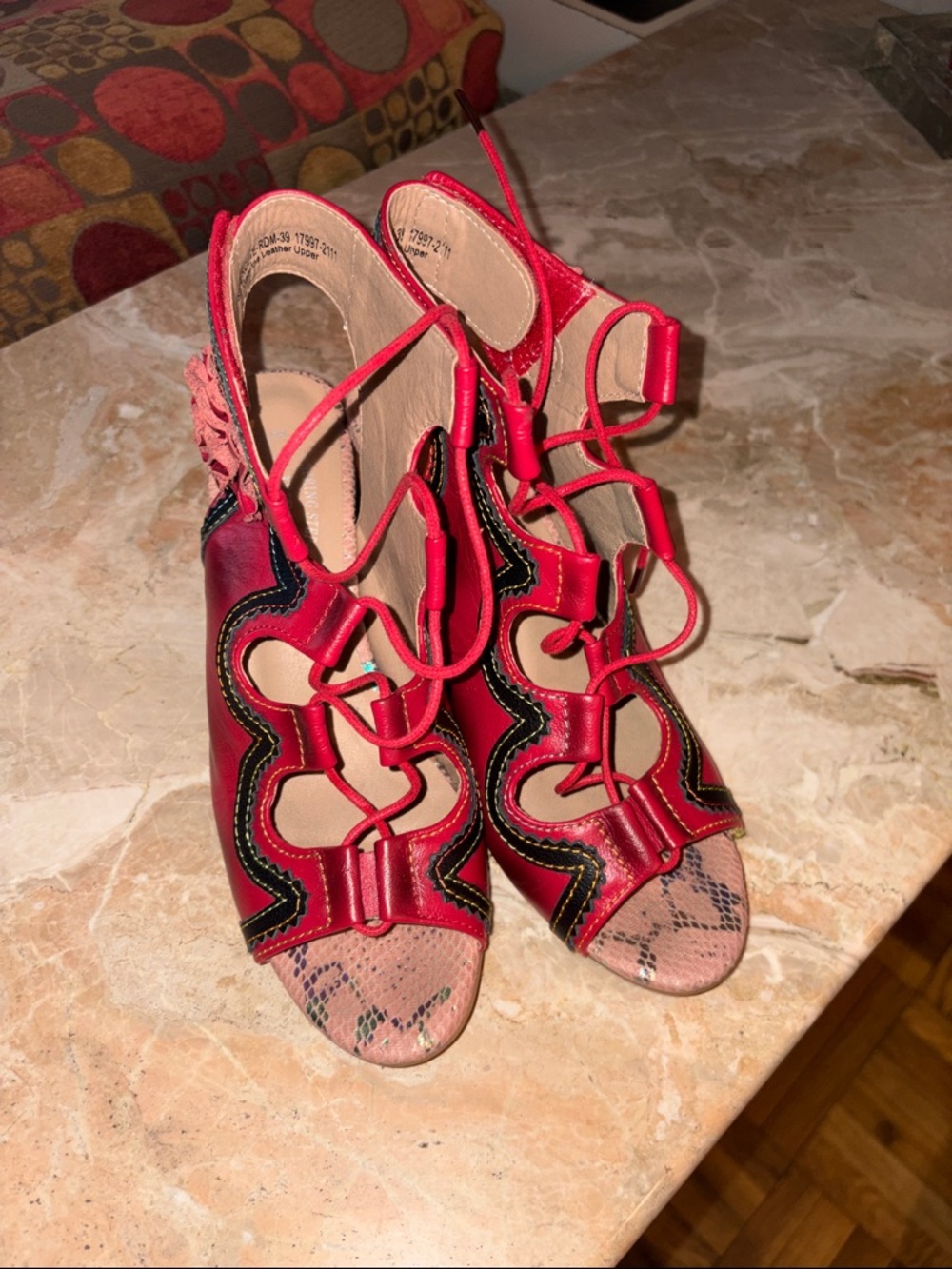 Red Lace-Up Cutout Heeled Sandals with Snakeskin Accent
